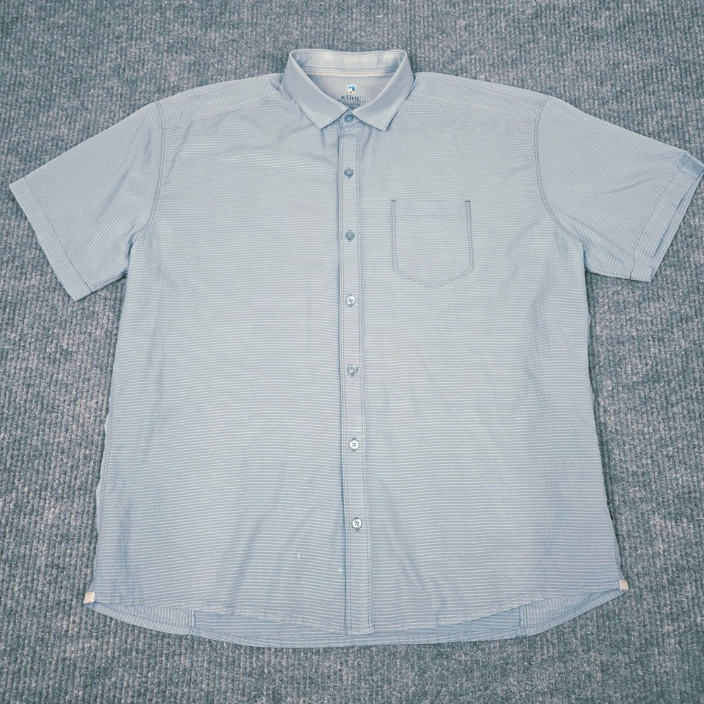 Kuhl Mens XXL Blue Striped Short‎ Sleeve Button Down Shirt Taper Fit Linen Blend